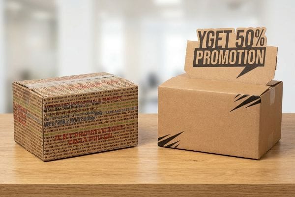 Brown cardboard display box with a 'Yget 50% Promotion' die-cut header next to a text-covered shipping box.