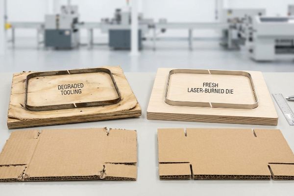 Plywood steel rule dies and cardboard cuts: a Degraded Tooling example with jagged cuts contrasted with a Fresh Laser-Burned Die producing razor-sharp slots.