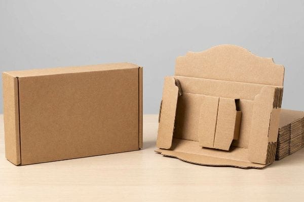 Natural kraft board die-cut display box with a wavy header next to a closed rectangular shipping carton, illustrating structural marketing.