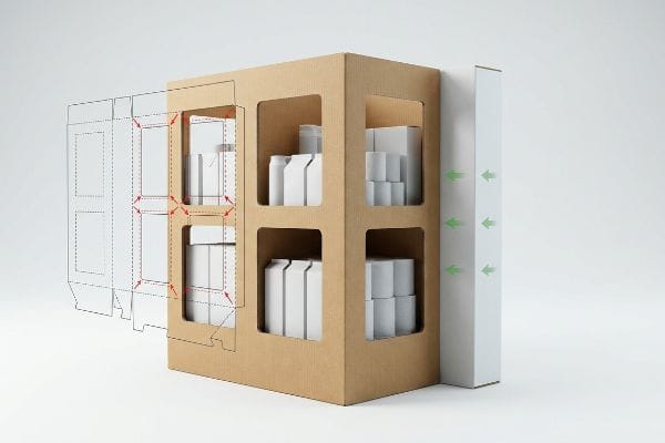 Expositor de cartón corrugado que muestra paneles troquelados, cajas de productos blancas y una línea de troquelado estructural con flechas rojas plegables.