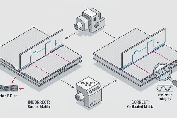 A detailed diagram illustrates the critical difference in corrugated board die-cutting: an Incorrect Rushed Matrix leads to Crushed B-Flute, while a Correct Calibrated Matrix ensures Preserved Integrity.