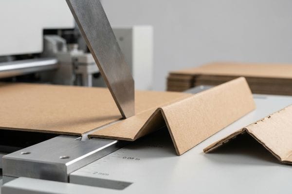 Brown cardboard being precisely creased by a metal blade on a die-cutting machine, with 0.08 inch (2 mm) strike pressure visible.