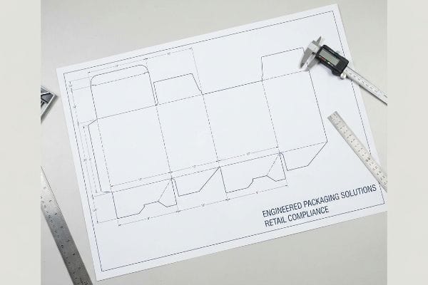 A workspace displays a packaging die-line blueprint with dimensions, caliper, ruler, and 'Engineered Packaging Solutions', 'Retail Compliance' text.