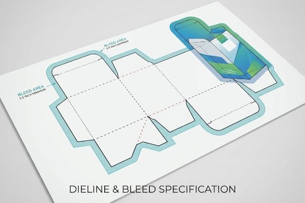 Una hoja blanca muestra un plano de especificaciones de troquelado y sangrado para el embalaje, destacando un área de sangrado mínima de 0,5 pulgadas.