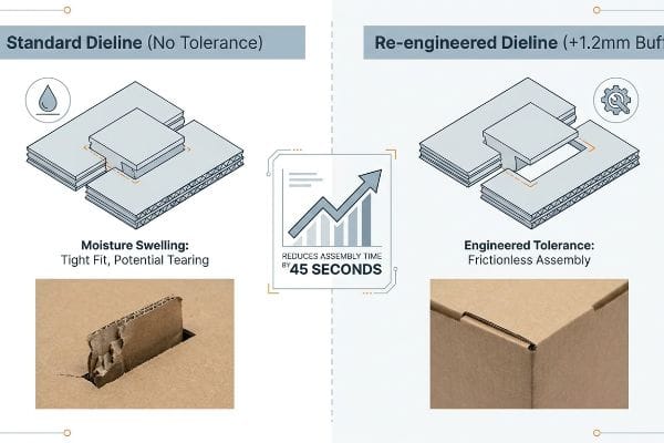 Corrugated cardboard comparison: Standard Dieline shows moisture swelling and tearing; Re-engineered Dieline (+1.2mm Buffer) ensures frictionless assembly, reducing time by 45 seconds.