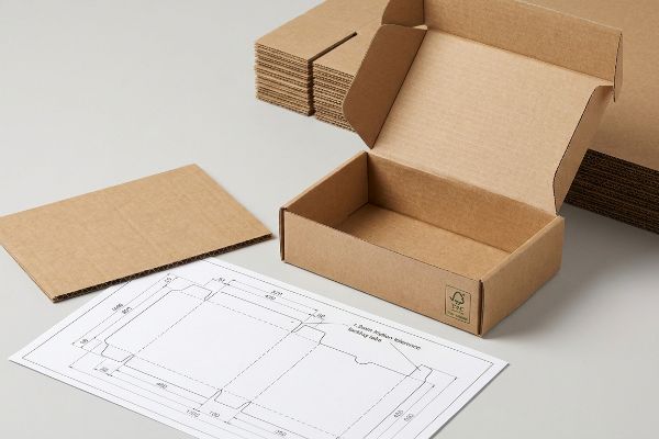 棕色瓦楞纸邮寄盒，带有 FSC 标志、扁平纸板和模切线图，显示 1.2 毫米摩擦公差锁定卡舌。.