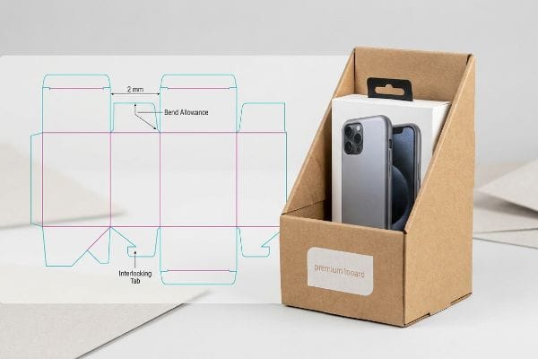 Technical dieline with 2 mm Bend Allowance and Interlocking Tab, beside a brown custom display box featuring 'premium inboard' label and smartphone.
