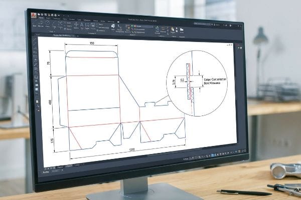 CAD software displays a dieline with dimensions and a magnified view of Caliper Compensation Bend Allowance, showing 0.2mm clearance.