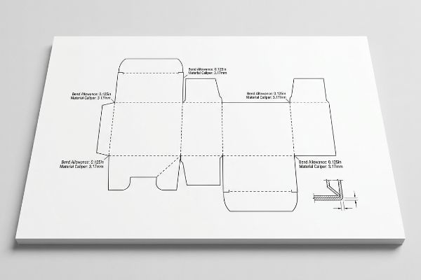 White sheet displays a dieline template for a corrugated box, detailing Bend Allowance: 0.125in and Material Caliper: 3.17mm, with a bend radius diagram.