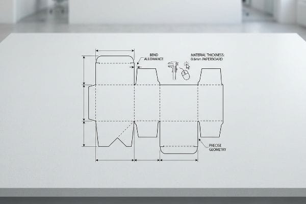 Un troquelado detallado del embalaje ilustra el margen de flexión, el grosor del material de cartón de 0,6 mm, la geometría precisa y los iconos para el calibrador y el ratón.