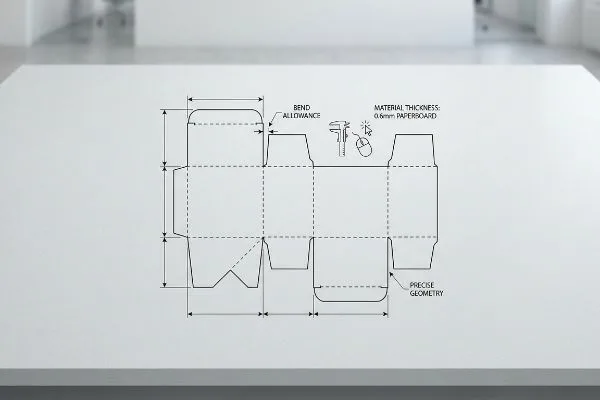 A detailed packaging dieline illustrates bend allowance, 0.6mm paperboard material thickness, precise geometry, and icons for caliper and mouse.