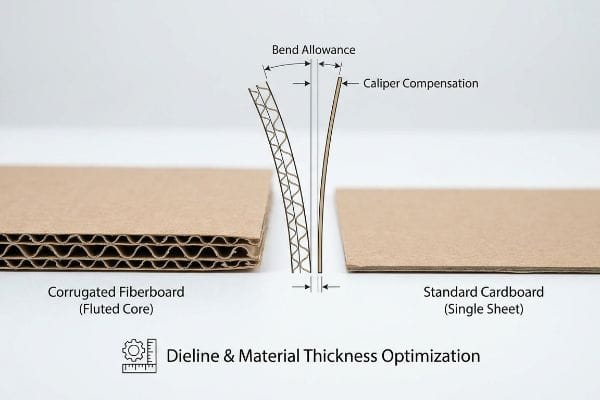 Vergleich von Wellpappe und Standardkarton zur Veranschaulichung der Biegezugabe und des Dickenausgleichs für die Optimierung von Stanzform und Materialstärke.