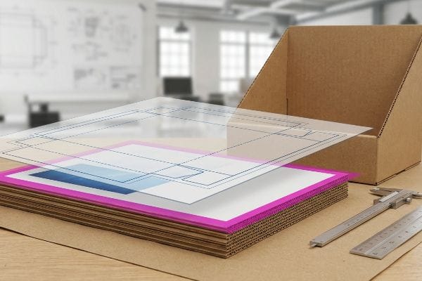 Transparent dieline outlines a magenta-bordered print on corrugated cardboard, with a metal caliper, demonstrating precise litho-lamination bleed margins.