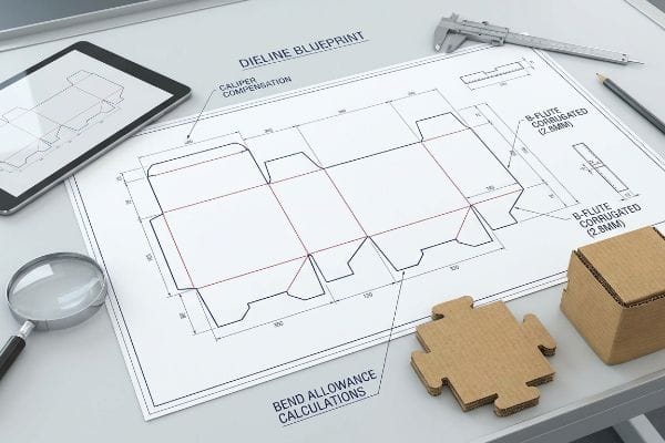 Dieline blueprint with Caliper Compensation and Bend Allowance Calculations for B-Flute Corrugated (2.8mm) packaging.
