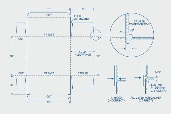 A dieline blueprint with dimensions for cuts and creases, highlighting Caliper Compensation and B-Flute Thickness Allowance for accurate packaging tab fit.