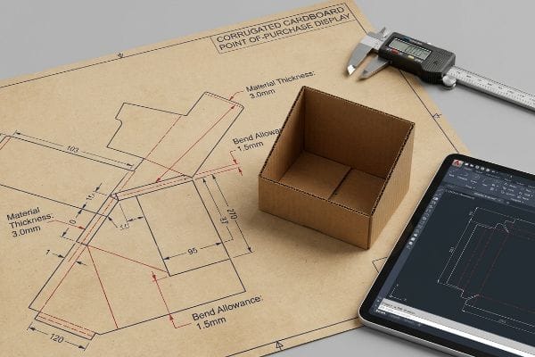 Corrugated Cardboard Point-Of-Purchase Display dieline with 3.0mm material thickness, 1.5mm bend allowance, digital caliper, and CAD software.