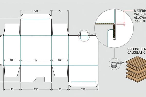 White cardboard dieline with dimensions, illustrating Material Caliper Allowance and Precise Bend Calculation for corrugated packaging.