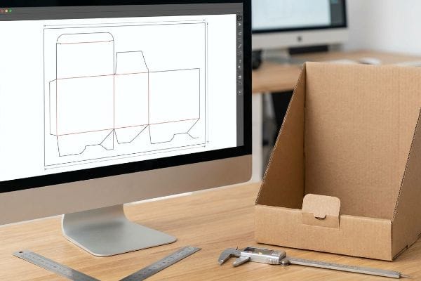 Packaging dieline on screen, alongside a custom cardboard display box, digital caliper, and ruler on a wooden desk.