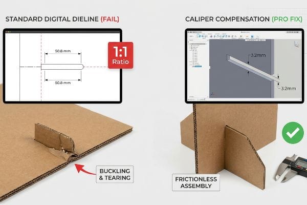Corrugated cardboard comparison: Standard Digital Dieline (Fail) causes buckling. Caliper Compensation (Pro Fix) ensures frictionless assembly with a 3.2mm slot.