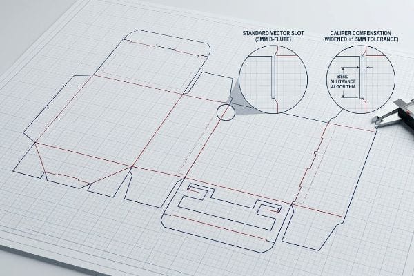 Carton box dieline blueprint, with insets showing Standard Vector Slot (3mm B-Flute) and Caliper Compensation (+1.5mm Tolerance).