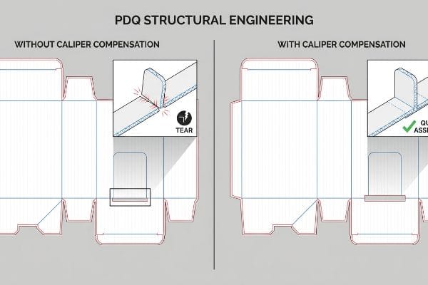 PDQ Structural Engineering dieline comparison: Without Caliper Compensation, a tab tears. With Caliper Compensation, a tab ensures Quick Assembly.
