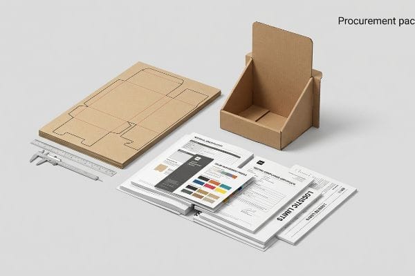 Cardboard structural dieline, assembled display, and procurement package documents: Material Specifications, Color Management Profile, Testing Compliance Certificate, Logistic Limits, with ruler and caliper.