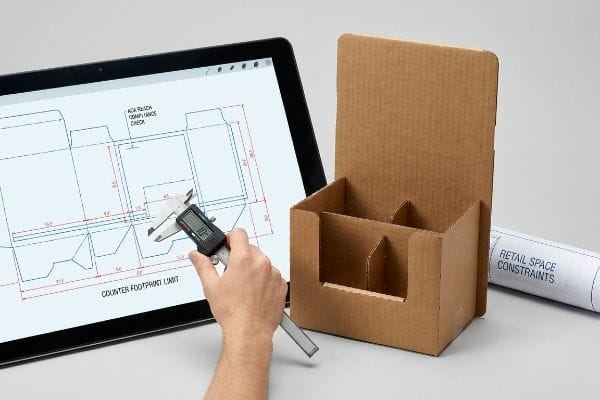 Digital caliper measures a dieline on a tablet showing 'Ada Reach Compliance Check' and 'Counter Footprint Limit', with a cardboard display and 'Retail Space Constraints' document.