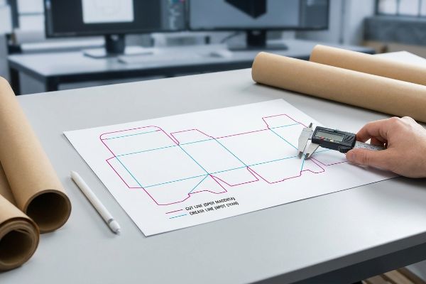 A hand measures a packaging dieline with a digital caliper, showing Cut Line (Spot Magenta) and Crease Line (Spot Cyan).