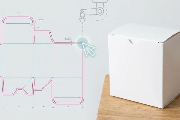An animated cursor highlights a packaging dieline blueprint with dimensions, next to a white folded box, illustrating automated design.