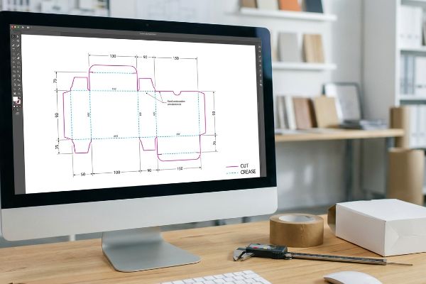 Computer monitor shows packaging dieline with Cut and Crease vector paths, a digital caliper, and tape on a wooden desk.