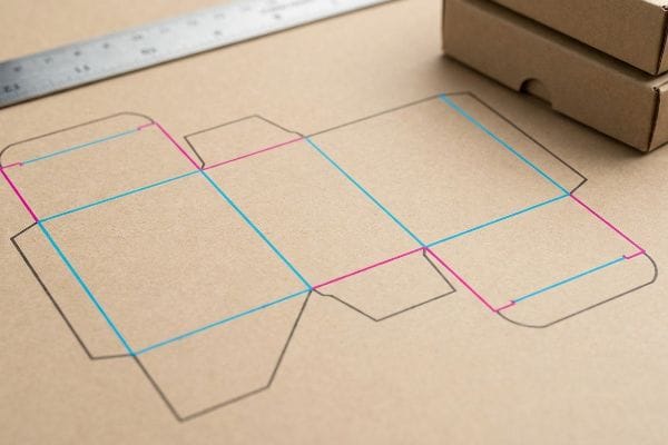 Kraft paper dieline with cyan crease lines, magenta cut lines, a ruler, and brown packaging boxes.