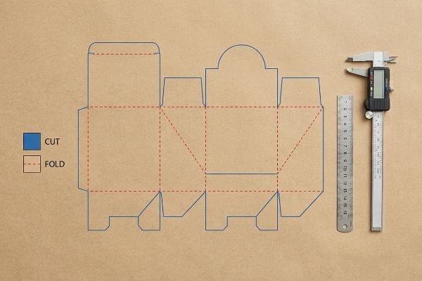 A box dieline template with blue Cut and red Fold lines on kraft paper, measured by a digital caliper and metal ruler.
