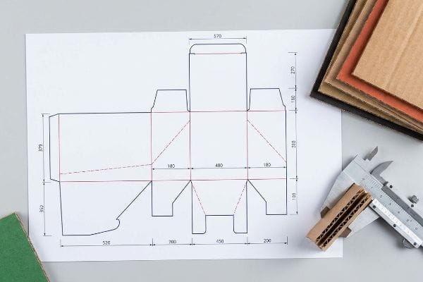 A workspace shows a detailed packaging dieline with precise dimensions, a caliper measuring corrugated cardboard, and various material grade samples.