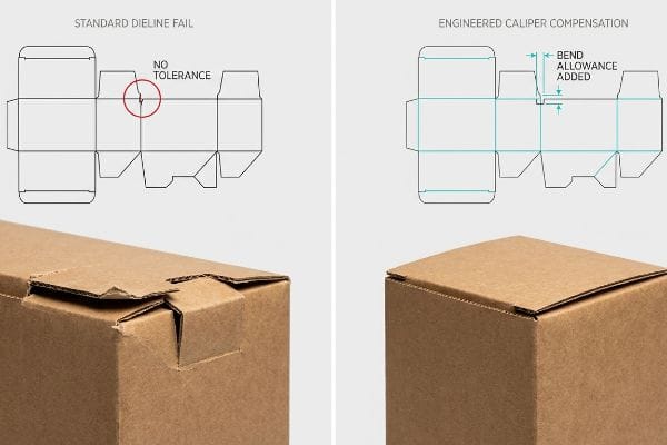 Vergleich einer Verpackung aus brauner Wellpappe mit einem „Standard-Dieline-Fehler“ (gebogene Außenfolie) und einer „Engineered Caliper Compensation“-Box mit „Biegezugabe hinzugefügt“ für eine perfekte Passform.