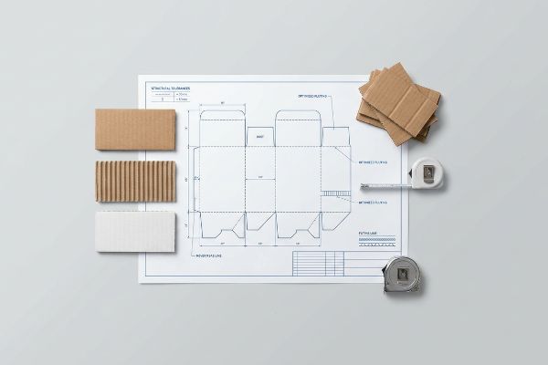A Structural Drawing blueprint for a box dieline is shown with corrugated cardboard samples, optimized fluting, and measuring tapes.
