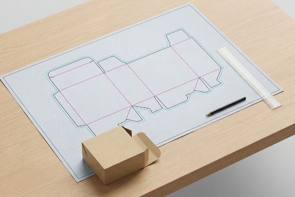 A dieline template showing packaging fold and cut lines on a desk, beside an open brown cardboard box.