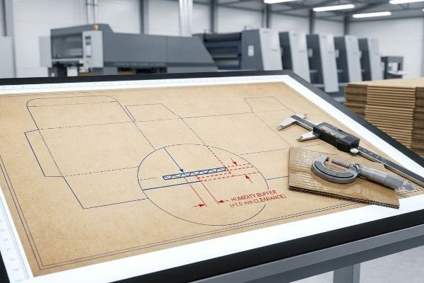 Brown paperboard dieline blueprint showing a box design with a 'Humidity Buffer +1.0 mm Clearance' detail, alongside a digital caliper and micrometer on corrugated cardboard.