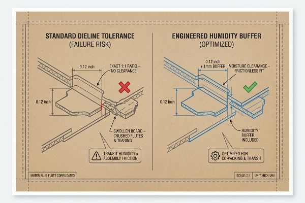 Detailed B-Flute Corrugated diagram comparing Standard Dieline Tolerance (Failure Risk) to Engineered Humidity Buffer (Optimized), illustrating 0.12 inch slots, 1mm moisture clearance, and preventing swollen board.