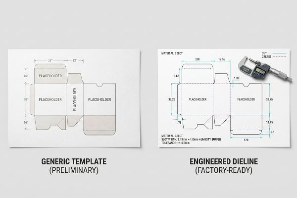 Engineered Dieline with precise measurements, Material: 32ECT, humidity buffer, and a digital micrometer, contrasted with a Generic Template.