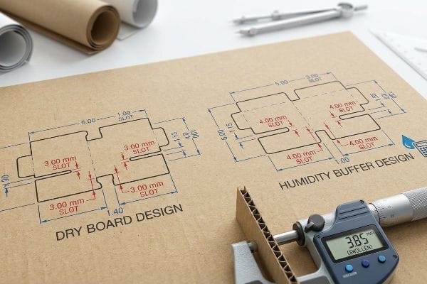 Corrugated cardboard dieline designs: Dry Board (3.00 mm slots) and Humidity Buffer (4.00 mm slots), with a micrometer showing 3.85 mm swollen board.