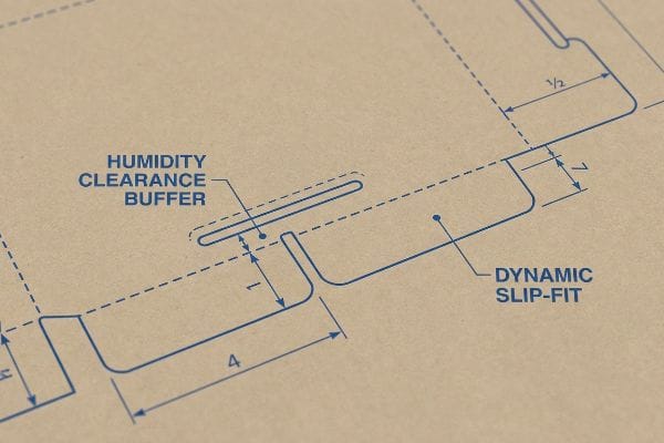 Blueprint detail of a packaging dieline showing a Humidity Clearance Buffer and Dynamic Slip-Fit design, with measurements 1/2, 1, and 4, for robust paperboard assembly.