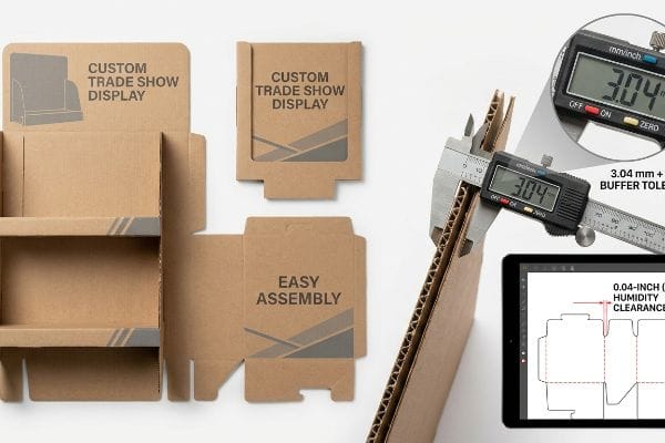 Corrugated cardboard thickness measured at 3.04 mm by a digital caliper, with a tablet showing a dieline and 0.04-inch (1 mm) Humidity Clearance for Custom Trade Show Display assembly.
