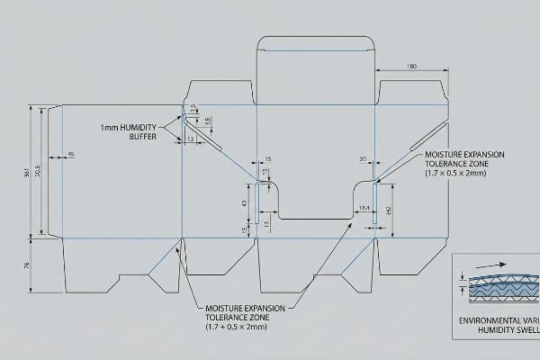 Corrugated box dieline with 1mm Humidity Buffer and Moisture Expansion Tolerance Zone, detailing dimensions and environmental humidity swell.