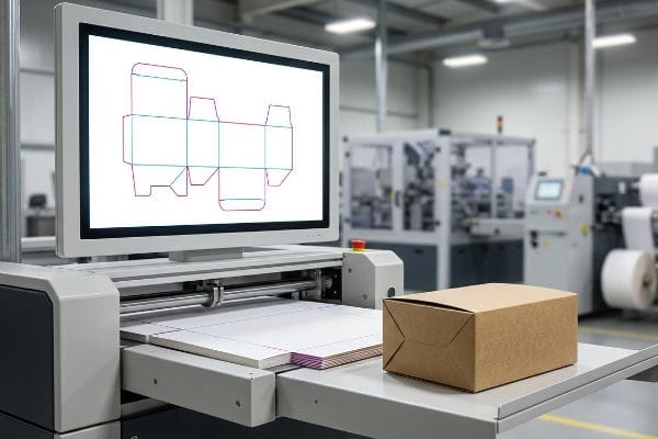 En un monitor se muestra el troquelado de una caja de cartón plegable con líneas de corte magenta, junto a una caja de papel kraft marrón y maquinaria industrial de troquelado.