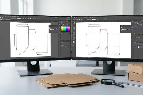 Monitors show packaging dielines in Adobe Illustrator, one with black lines, the other with magenta spot colors for CNC cuts, next to cardboard box blanks.