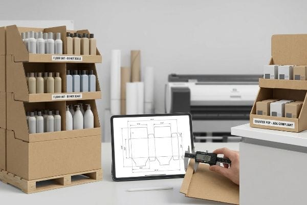 Corrugated floor display and counter POP display with products. A hand measures cardboard with a digital caliper, next to a dieline on a tablet. Labels: