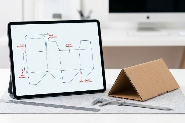 Tablet displays packaging dieline with Bend Allowance, Crease Thickness, Material Thickness, beside a corrugated box and caliper.