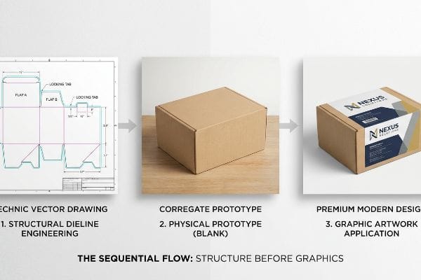 Structural dieline engineering, a blank corregate prototype, and graphic artwork application for Nexus Solutions packaging.