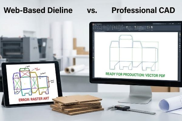 A tablet shows a Web-Based Dieline with Error: Raster Art, contrasting a monitor displaying a Professional CAD Vector PDF dieline, with corrugated cardboard and a caliper.