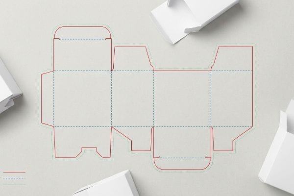 Una vista superior muestra el plano de la matriz de embalaje con líneas de corte rojas y líneas de pliegue discontinuas azules, junto con muestras de cajas blancas.